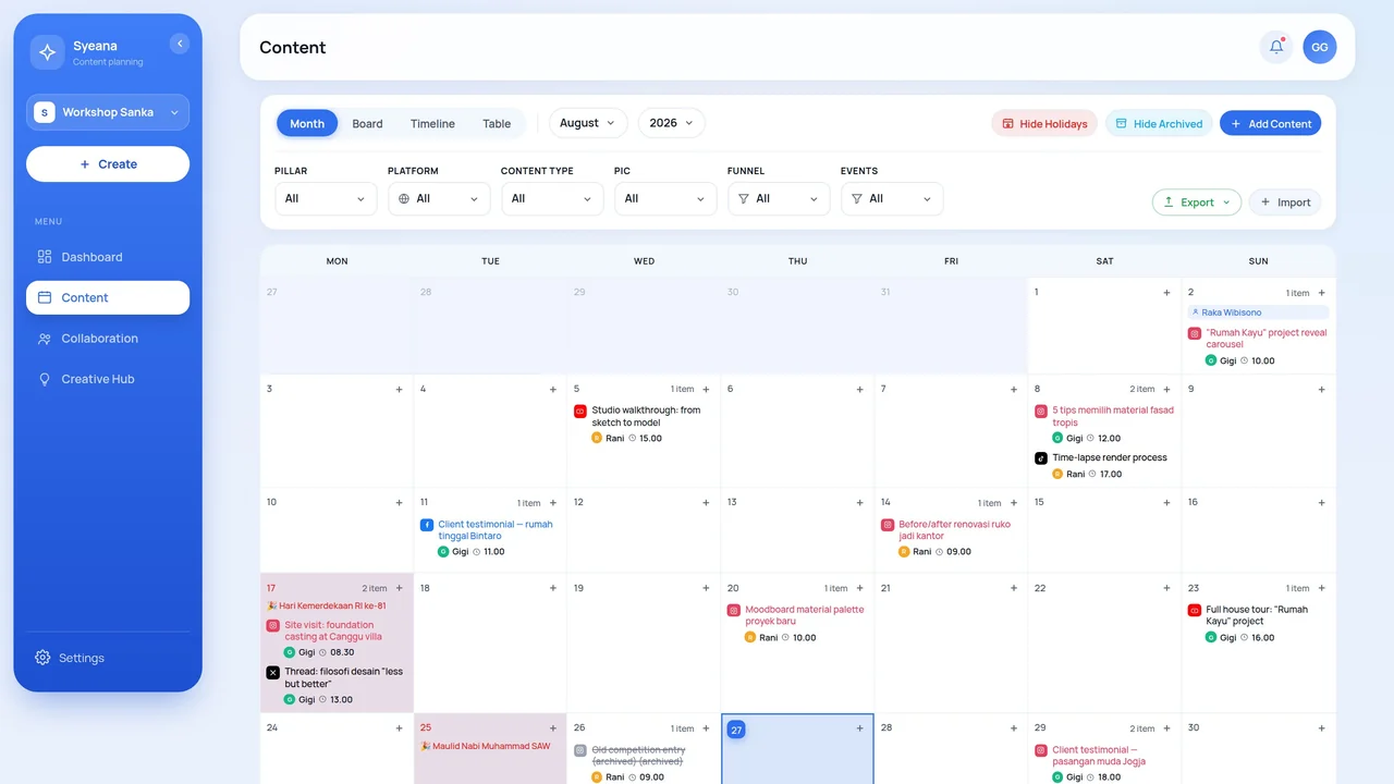 Tampilan kalender konten Syeana